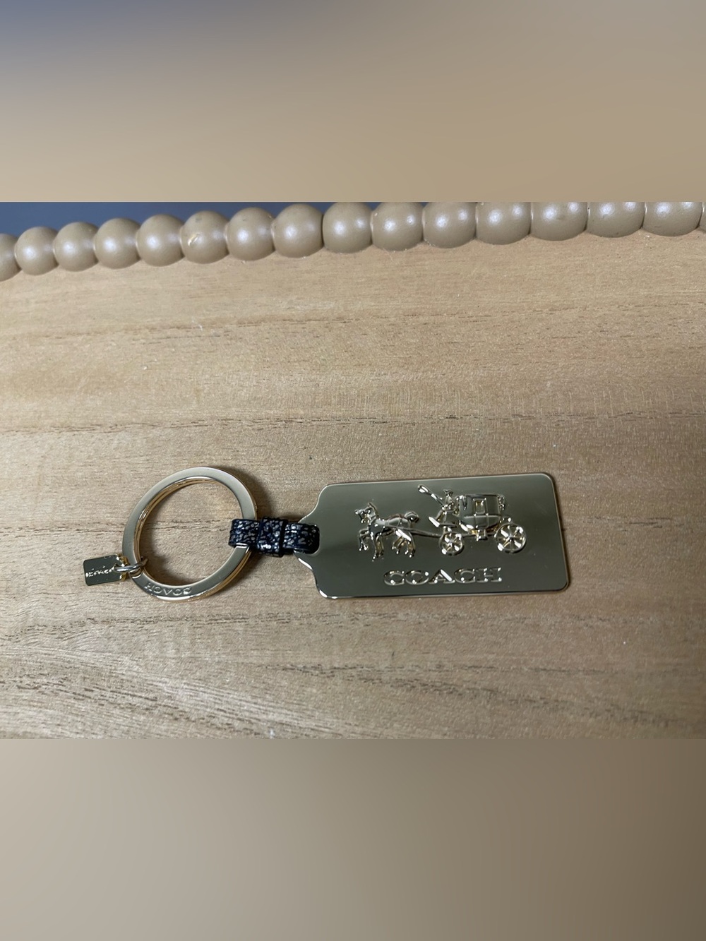Coach Gold Horse & Carriage Tag Key Ring with Black Leather Loop